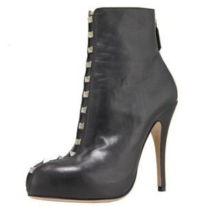 VALENTINO Garavani Black Leather Rockstud Stiletto Ankle Boots Size 36.5